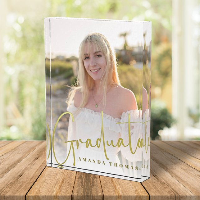 Graduation Photo Block Minimalist Gold Script (Minimalist gold script graduation photo block keepsake for stylish home display. 🎓✨)