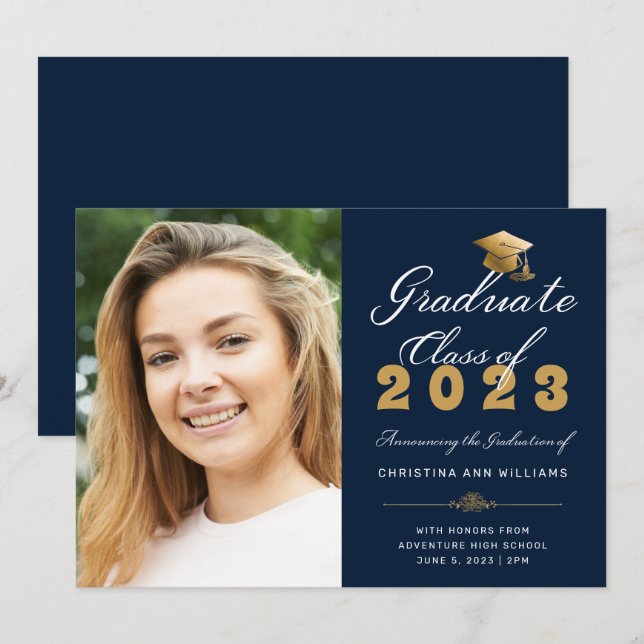 Graduation Photo Blue Gold Script  Class of 2023 Announcement (Front/Back)