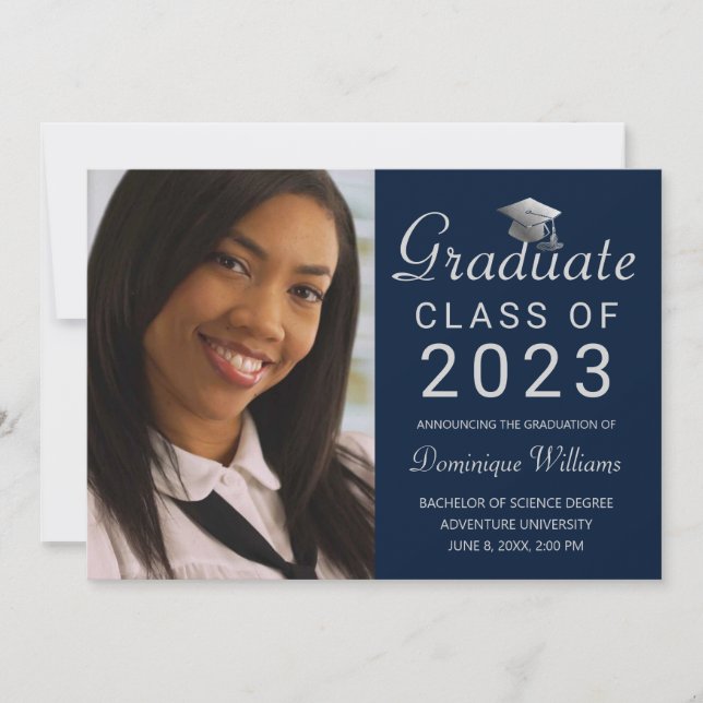 Graduation Photo Blue Silver Grad Cap Script 2023 Announcement (Front)