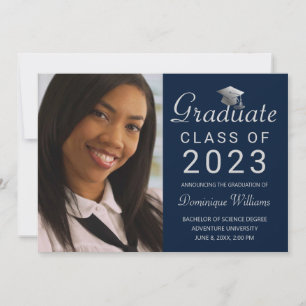 Graduation Photo Blue Silver Grad Cap Script 2023 Announcement