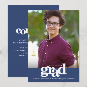 Graduation photo bold modern typography navy blue announcement