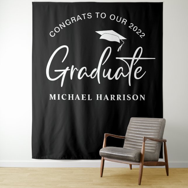 Graduation Photo Booth Backdrop Black Tapestry (In Situ)