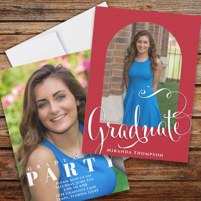 Graduation Photo Calligraphy Script Cardinal Red Invitation (Creator Uploaded)