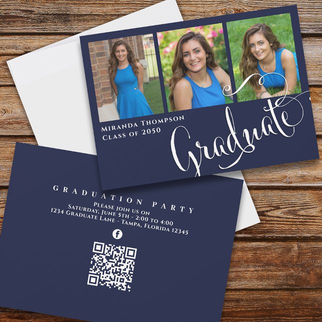 Graduation Photo Calligraphy Script Navy Blue Invitation (Creator Uploaded)