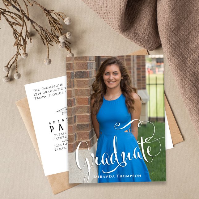 Graduation Photo Calligraphy Script Simple White Postcard (Graduation photo postcard template with stylish calligraphy script. )