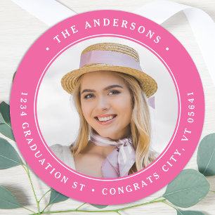Graduation Photo Chic Pink Round Return Address Classic Round Sticker