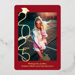 Graduation Photo Chic Script Red Gold Announcement