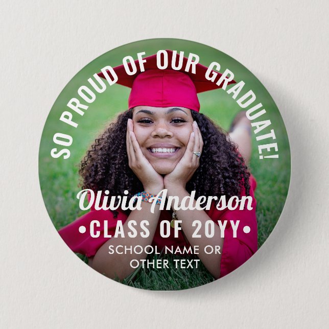 Graduation Photo Class Year Modern Text Overlay 3 Inch Round Button (Front)