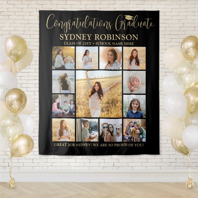 Graduation Photo Collage Black and Gold Backdrop Tapestry (Creator Uploaded)