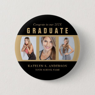 Graduation Photo Collage Black and Gold Custom 2 Inch Round Button