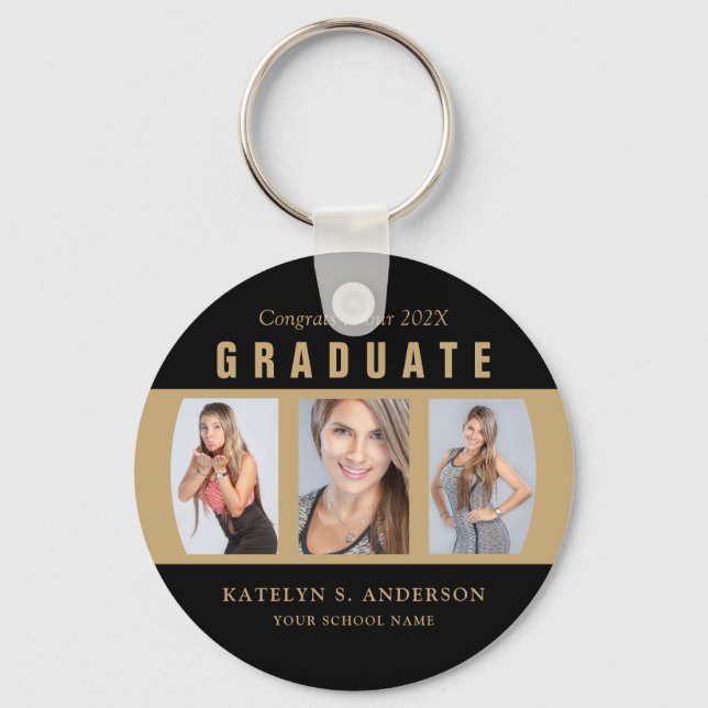 Graduation Photo Collage Black and Gold Custom Keychain (Front)
