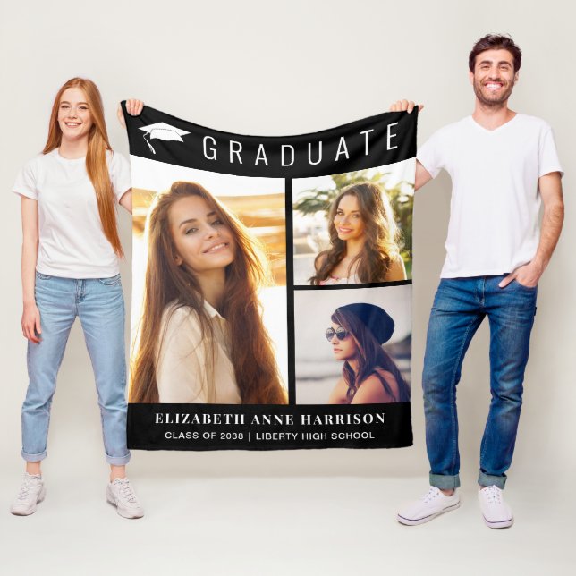 Graduation Photo Collage Black Fleece Blanket (In Situ)