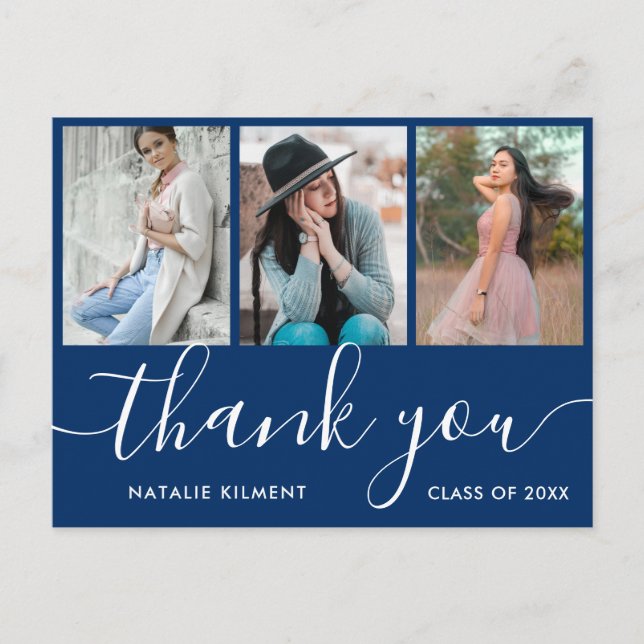 Graduation Photo Collage Blue Thank You Postcard (Front)