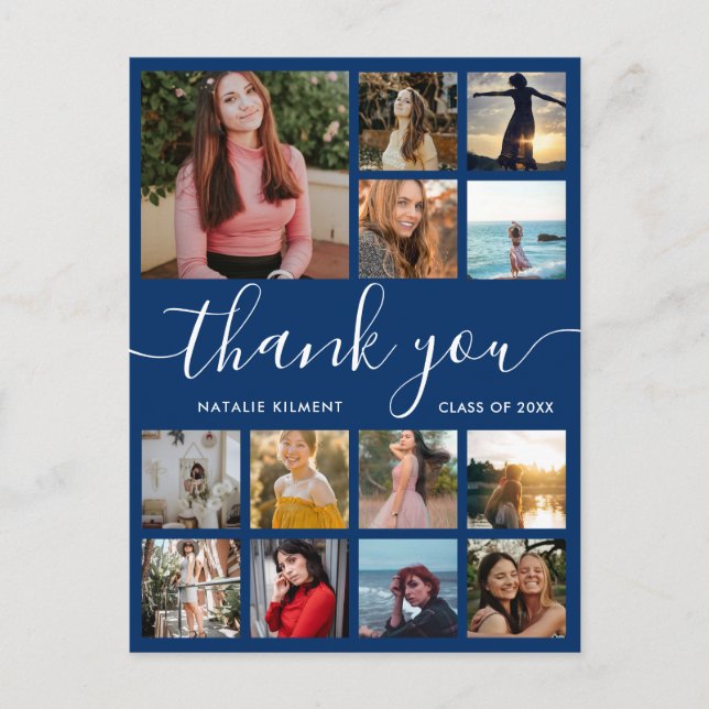 Graduation Photo Collage Blue Thank You Postcard (Front)