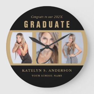 Graduation Photo Collage Congratulations Black and Large Clock