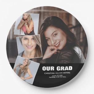 Graduation Photo Collage Four Photos Black Paper Plate