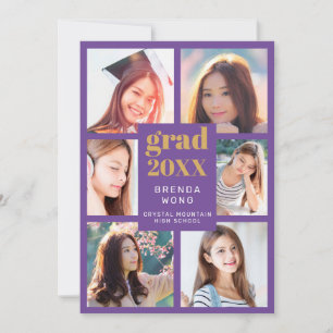 Graduation Photo Collage Gold White Script Purple Announcement