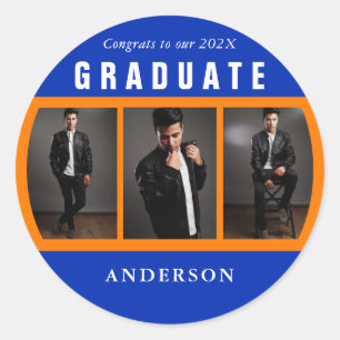 Graduation Photo Collage Orange and Blue Custom Classic Round Sticker