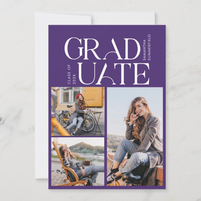 Graduation Photo Collage Purple Graduate Announcement (Front)