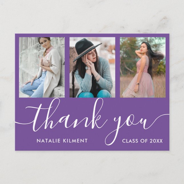 Graduation Photo Collage Purple Thank You Postcard (Front)