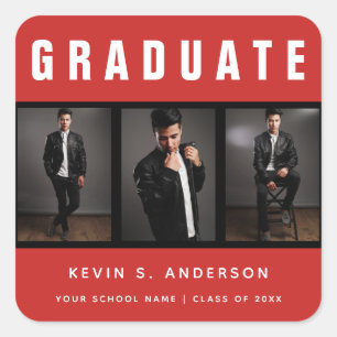Graduation Photo Collage Red and Black Custom Square Sticker