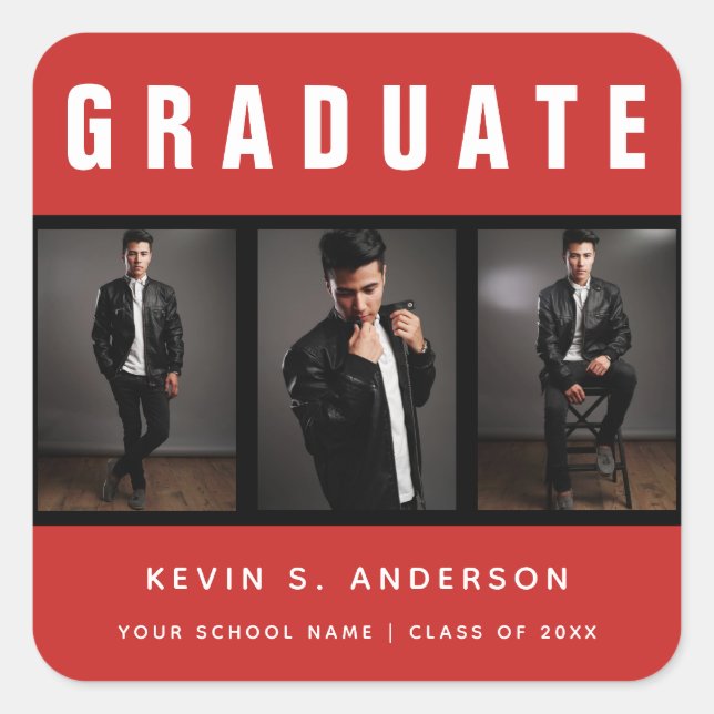 Graduation Photo Collage Red and Black Custom Square Sticker (Front)