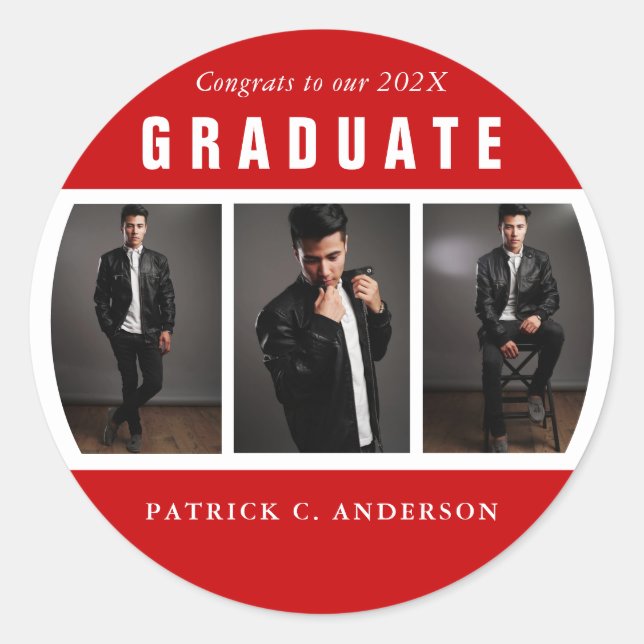 Graduation Photo Collage Red and White Custom Classic Round Sticker (Front)