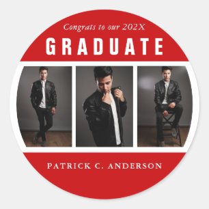 Graduation Photo Collage Red and White Custom Classic Round Sticker