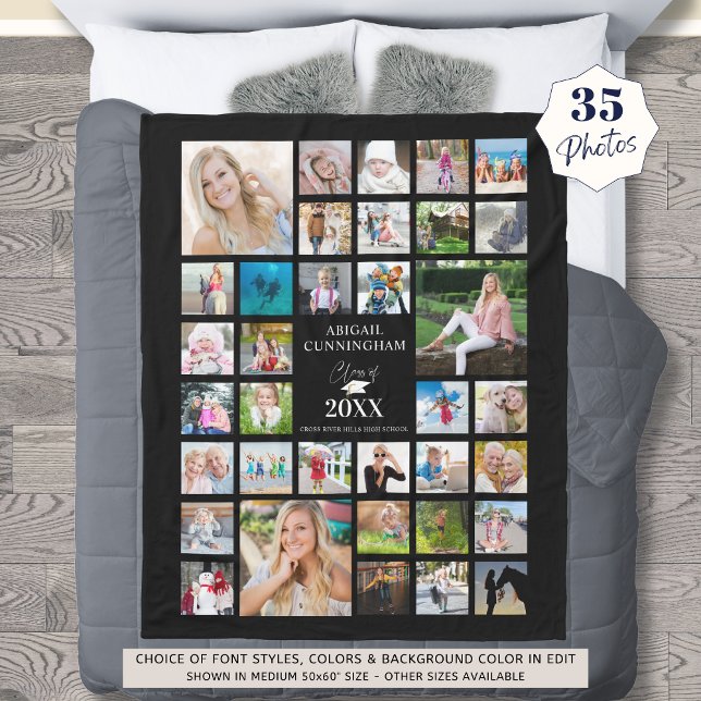 Graduation Photo Collage Script CLASS OF Black Fleece Blanket (Creator Uploaded)