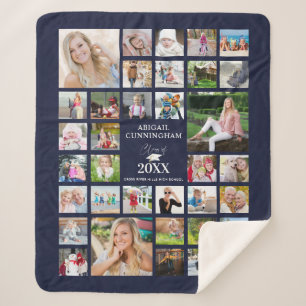 Graduation Photo Collage Script CLASS OF Navy Blue Sherpa Blanket