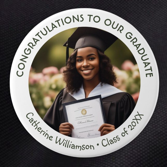 Graduation Photo Congratulations Graduate Keepsake 3 Inch Round Button (A personalized button with graduate's photo, a congratulations message, name, and 'class of' year)