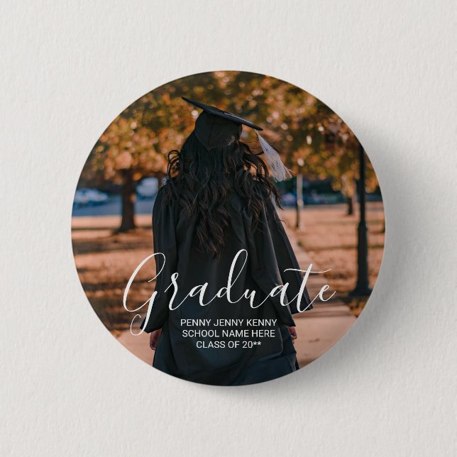 Graduation photo custom modern stylish script  2 inch round button (Front)