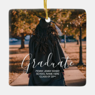 Graduation photo custom modern stylish script ceramic ornament
