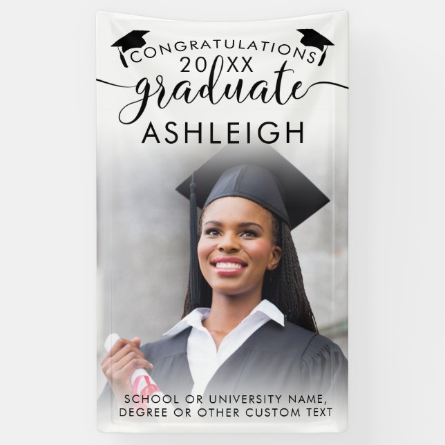 Graduation Photo Elegant Black Script Class Year Banner (Vertical)