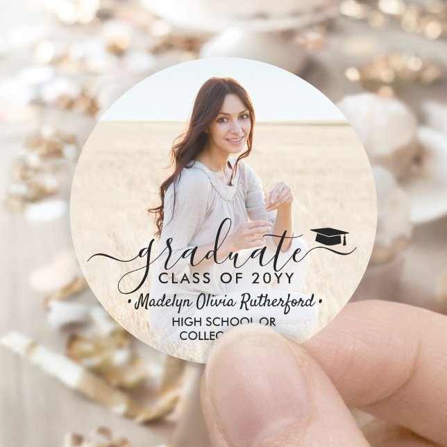 Graduation Photo & Elegant Black Script Class Year Classic Round Sticker (Creator Uploaded)