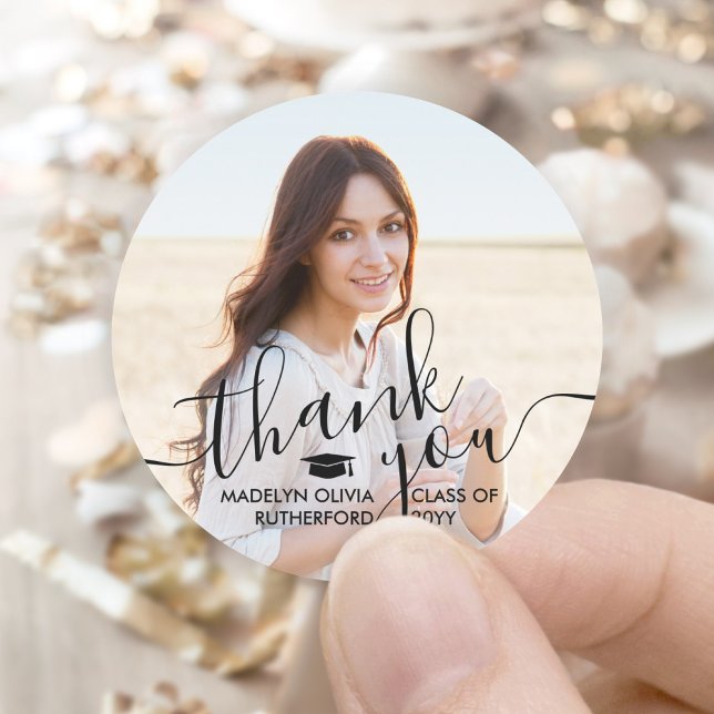 Graduation Photo & Elegant Black Script Thank You Classic Round Sticker (Creator Uploaded)