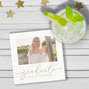 Graduation Photo Elegant Gold Minimalist Script Napkin