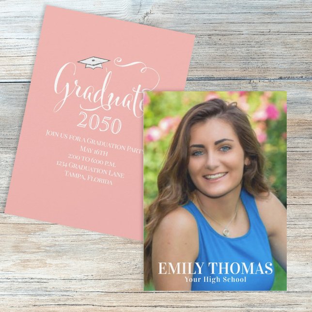 Graduation Photo Elegant Minimalist Script Peach Invitation (Creator Uploaded)