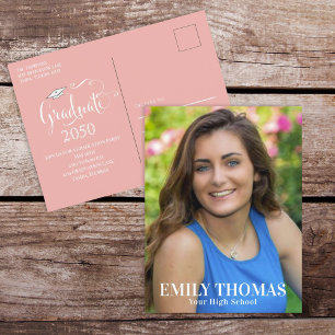 Graduation Photo Elegant Minimalist Script Peach Postcard