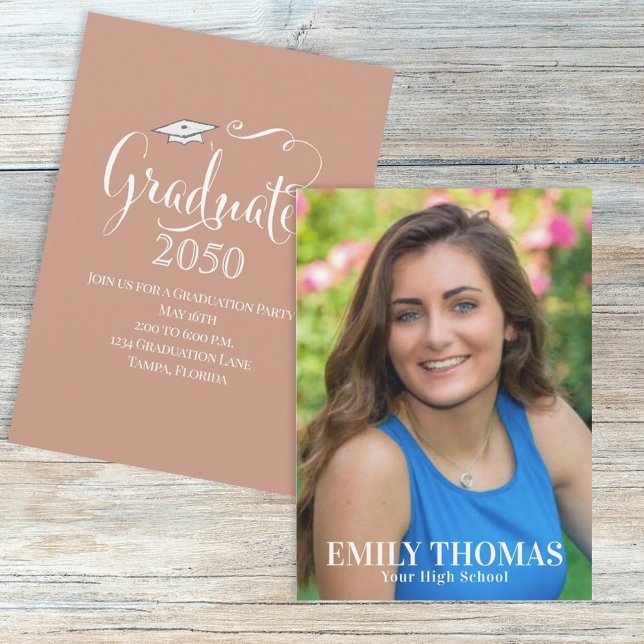 Graduation Photo Elegant Minimalist Script Tan  Invitation (Creator Uploaded)