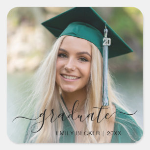 Graduation Photo Elegant Script Girl Graduate Square Sticker