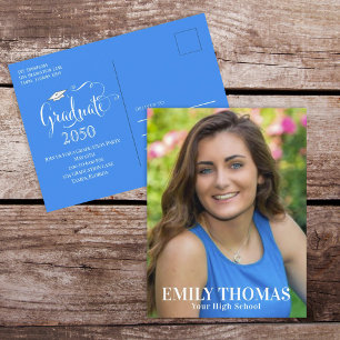 Graduation Photo Elegant Script Minimalist Blue Postcard