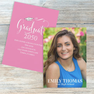 Graduation Photo Elegant Script Minimalist Pink Invitation