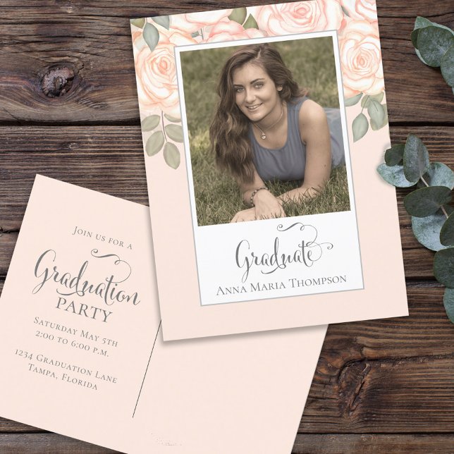Graduation Photo Elegant Watercolor Blush Floral Postcard (Creator Uploaded)