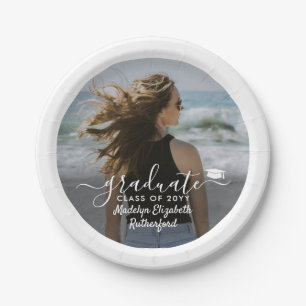 Graduation Photo & Elegant White Script Class Year Paper Plate