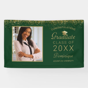 Graduation Photo Gold Glam Script Grad Cap Green Banner