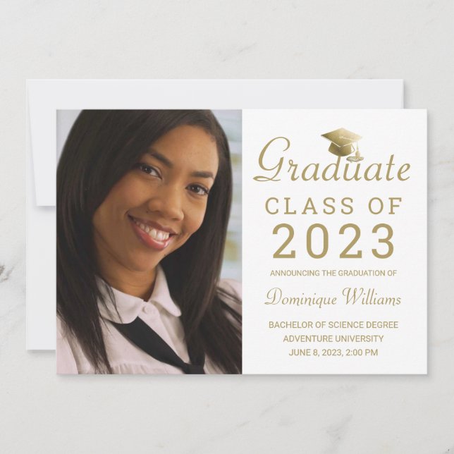 Graduation Photo Gold Grad Cap Script 2023 White Announcement (Front)