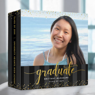 Graduation photo gold script black stripe keepsake binder
