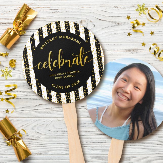 Graduation photo gold script black stripe keepsake hand fan (Choose from 5 color combos)