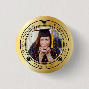 Graduation Photo Gold Tone Grad Cap Class Year 1 Inch Round Button
